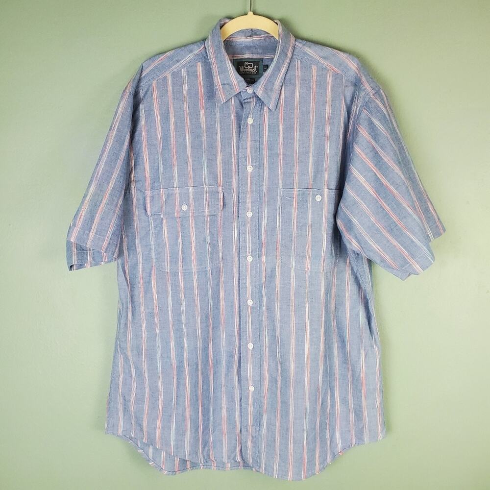 Woolrich Vintage Vertical Stripe Short Sleeve Cotton Button Shirt Size Large